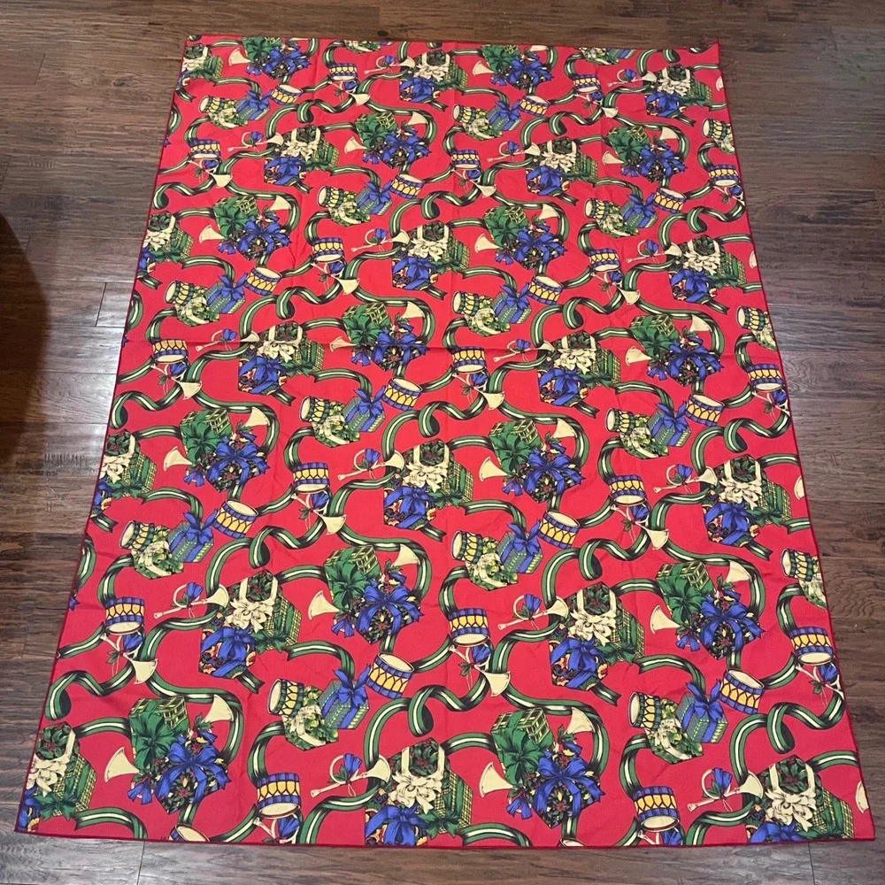 Vtg Christmas Gifts Drums Horns Red Rectangular Holiday Tablecloth 60x82